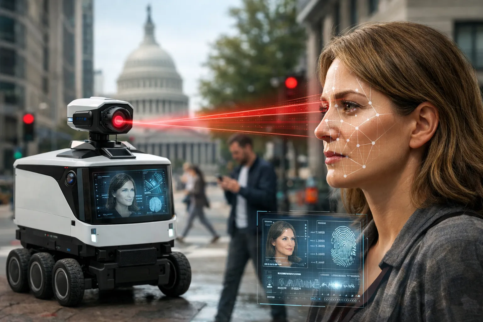 A delivery robot navigating a city sidewalk amidst pedestrians