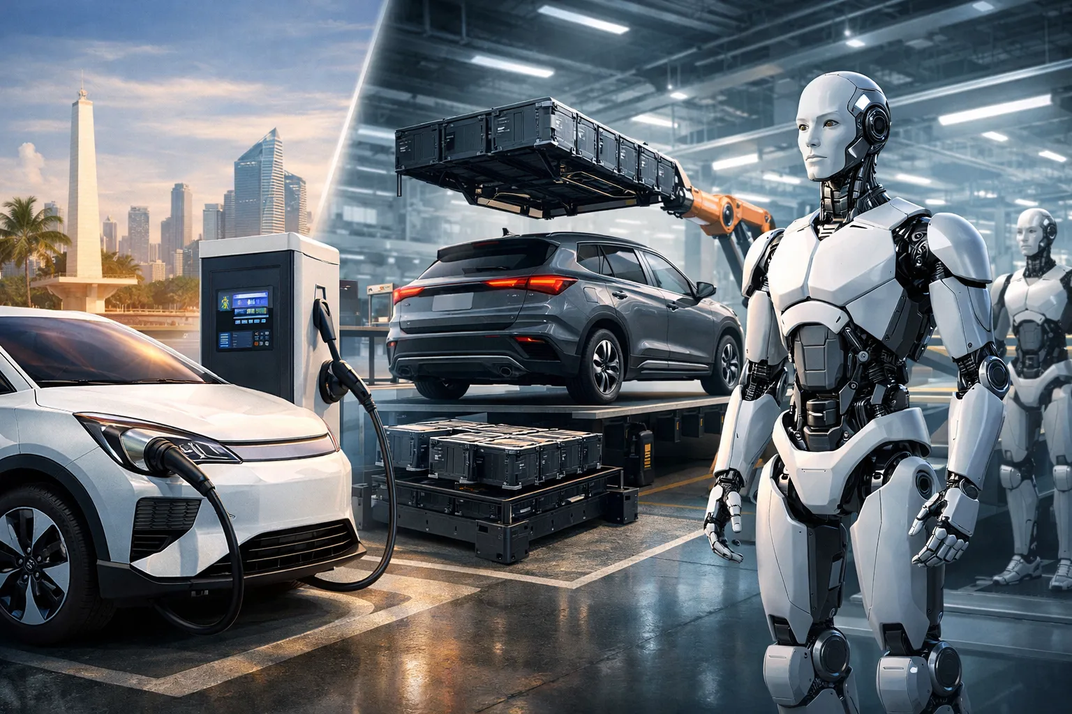 Schaeffler's humanoid robots being assembled in a modern factory setting