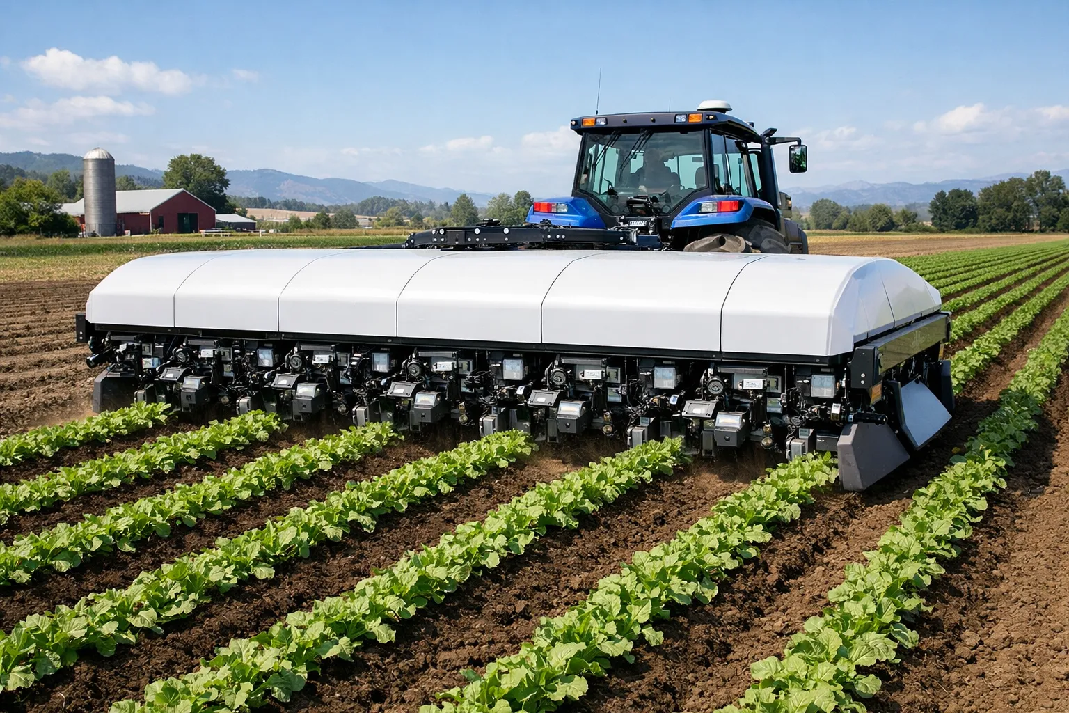 Niqo Robotics' newest wide AI weeder operating in a specialty crop field