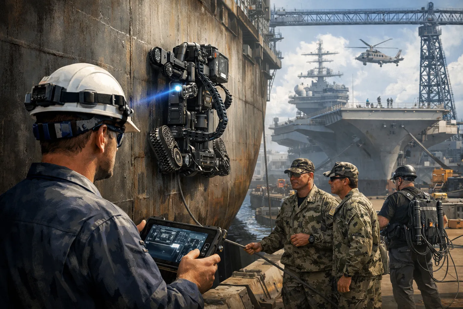 Gecko Robotics wall-climbing robot inspecting a Navy ship hull